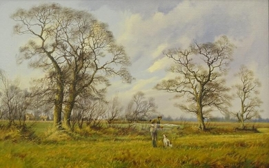 James Wright (b.1935). Rural landscape with game shooter and...