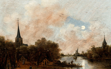 Jan Meerhoud Dutch School / 1633 - 1677 River village by moonlight