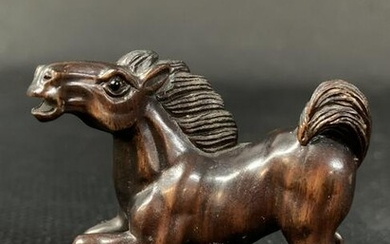 Japanese Netsuke Carved Wood Horse, Signed