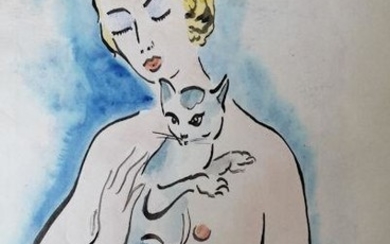 Kees van Dongen (1877-1968). Fermale with cat painting by...