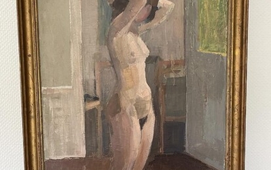 Knud Raaschou-Nielsen (b. Sorø 1915, d. 1980) Composition with naked woman. Signed KR-N. Oil on canvas. 90×60 cm. Framed. This lot is subject to Artist's Royalty. Artist’s Royalty In accordance with Danish copyright law, an additional royalty...