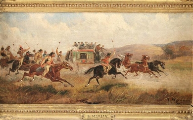 L. MARIAN, 19TH C. O/C PAINTING OF INDIANS ATTACKING