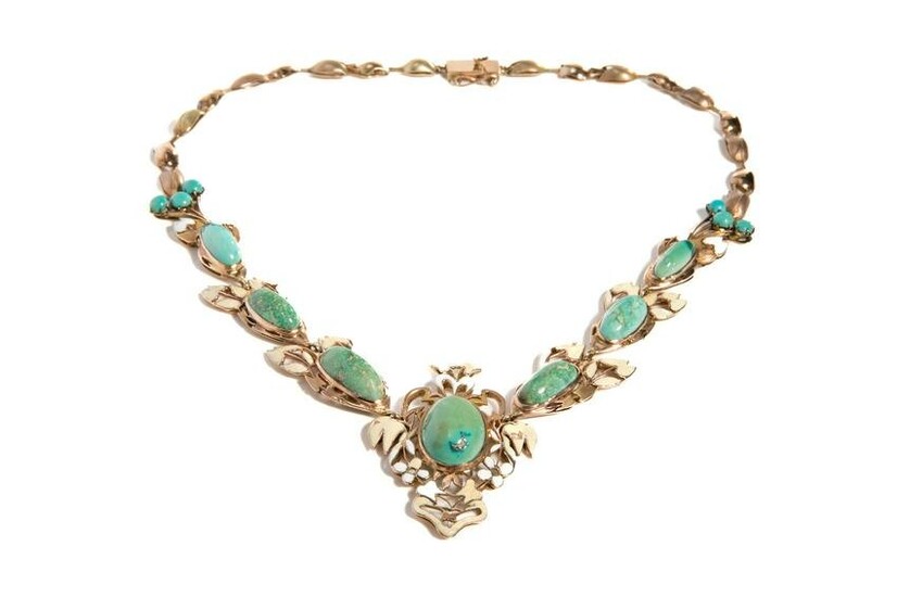 LATE 19th C GOLD, ENAMEL & TURQUOISE NECKLACE, 50g