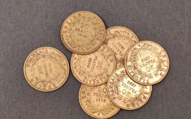 LOT de sept pièces 20 francs en or Napoléon non auréolé 1855/A, 1854/A, 1857/A, 1858/A,...