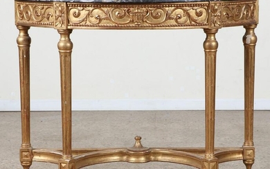 LOUIS XVI STYLE GILT CARVED MARBLE TOP DEMILUNE