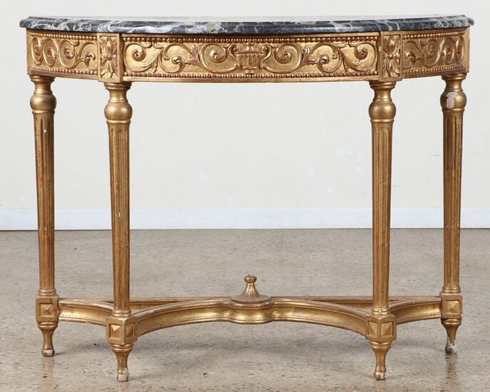 LOUIS XVI STYLE GILT CARVED MARBLE TOP DEMILUNE