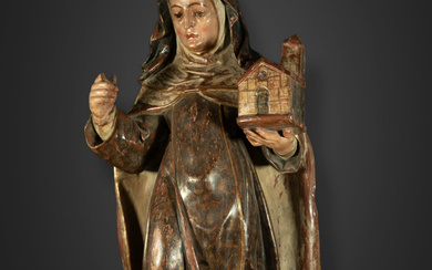 Large Carving of Saint Clare in carved wood and Terracotta,...