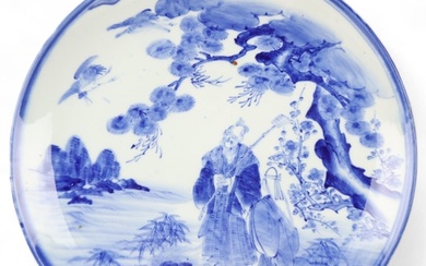 Large Chinese blue and white porcelain charger, hand painted...