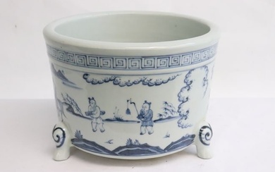Large blue and white porcelain tripod censer