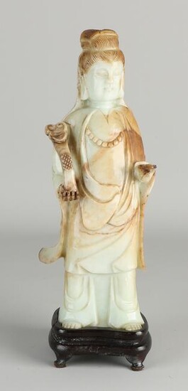 Large old Chinese jade carved Quan Yin on wooden