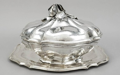 Large oval lidded bowl on tray, Portugal, 20th century, hallmark Porto, maker's mark David Ferreira