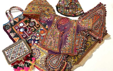 Large quantity of Rabari hats and other textiles