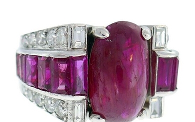 Late Art Deco Ruby Diamond Platinum Ring, 1930s Early