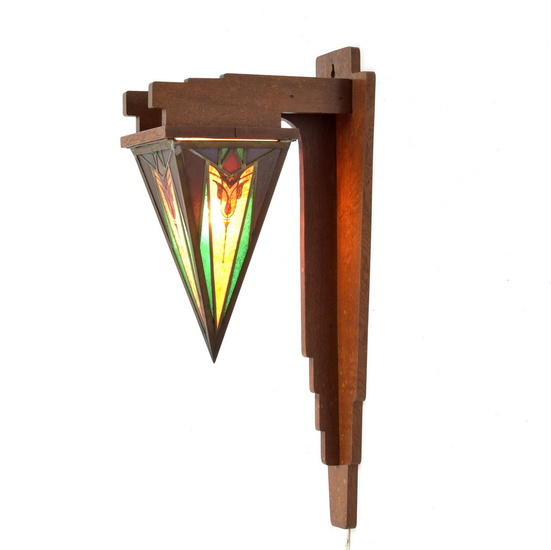 Leaded and stained glass Amsterdam School wall-lamp on...