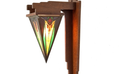 Leaded and stained glass Amsterdam School wall-lamp on...