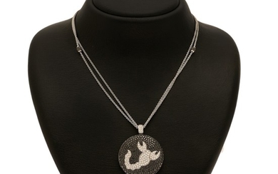 Leo Pizzo: A diamond necklace with pendant in the shape of a Zodiac sign set with numerous brilliant-cut black and white dismonds, mounted in 18k white gold.