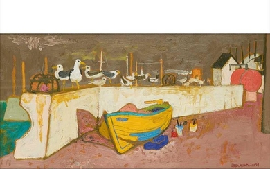 § Leon Morrocco A.R.S.A (Scottish B.1942) HARBOUR WITH WALL AND YELLOW BOAT