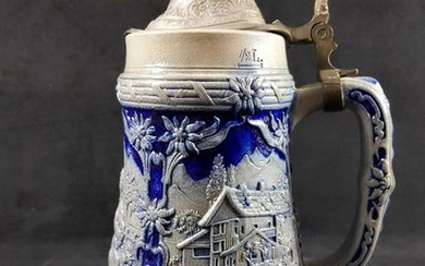 Lidded Stoneware German Mug Salt Glazed Cobalt Blue