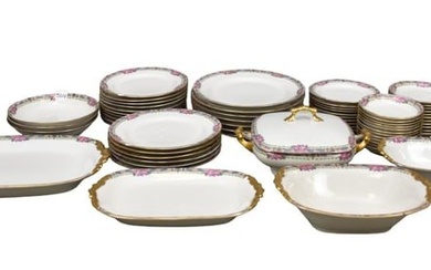 Limoges china Partial Set, Floral Border on White Ground, 7 Dinner Plates, 6 Salad Plates, 10