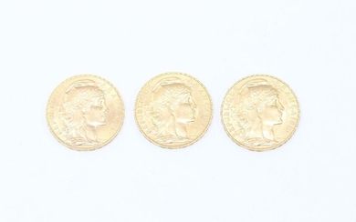 Lot of 3 pieces of 20 Francs gold au Coq,...