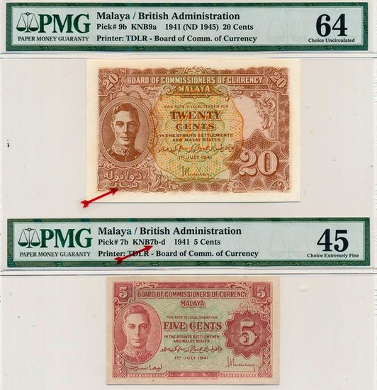 MALAYA George VI 1941 5-Cents & 20-Cents, scarce