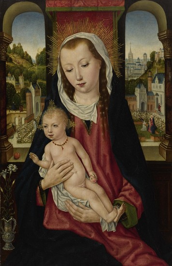 MASTER OF THE BRUGES LEGEND OF SAINT URSULA, CIRCA 1480-1485 | MADONNA AND CHILD, HALF LENGTH, WITH AN EXTENSIVE LANDSCAPE SEEN THROUGH TWO WINDOWS BEYOND