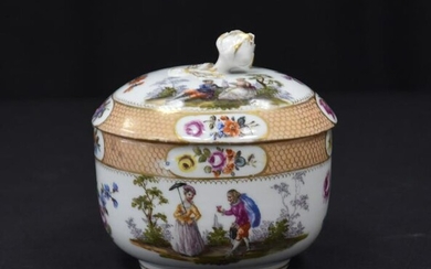 MEISSEN COVERED BOWL WITH FIGURES & ROSE FINIAL