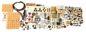 MIXED ERA MILITARY BUCKLES MEDALS PINS AND MORE