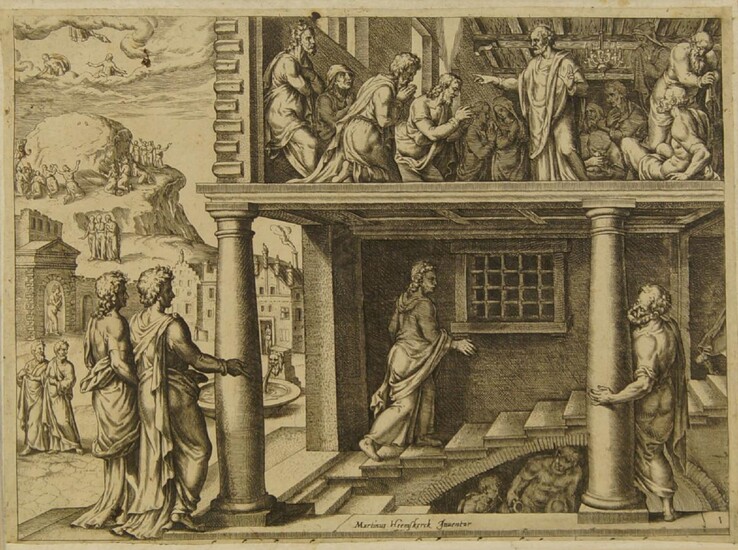 Maarten Jacobsz van Heemskerck, Dutch 1498-1574- Figures in a temple, from Acta Apostoloru, c.1582; copper engraving on laid paper, 20 x 27 cm: together with two other Old Master engravings, various sizes, (3) (unframed) Note: see...
