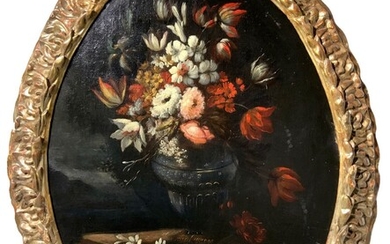 Mario de' Fiori Mario Nuzzi (attribuito a) (Roma 1603-Roma 1673) - Trionfo di fiori in vaso di bronzo su piano di pietra