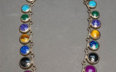 Mexican Sterling Silver and Stone Inlaid Necklace, 3.2 gross oz; Length: 17-1/4 in