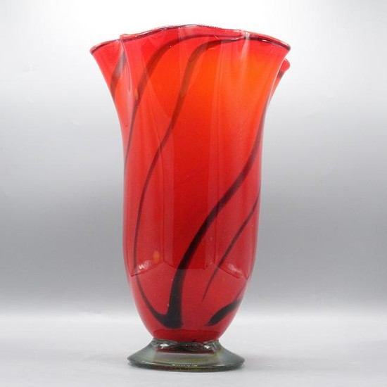 Mid-Century Modern Red Glass Vase with Black Swirls