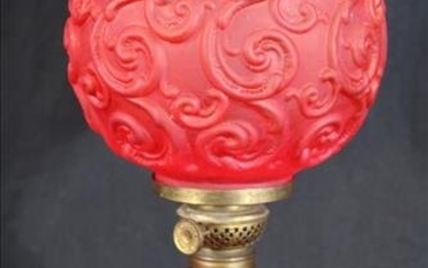 Miniature red satin oil lamp, 12 in. T.