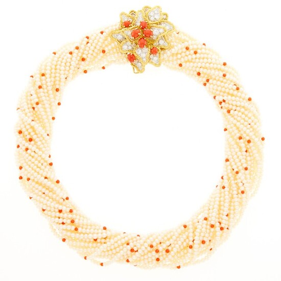 Multistrand Freshwater Pearl and Coral Bead Torsade Necklace with Two-Color Gold, Coral and Diamond Clasp/Pendant-Brooch, France