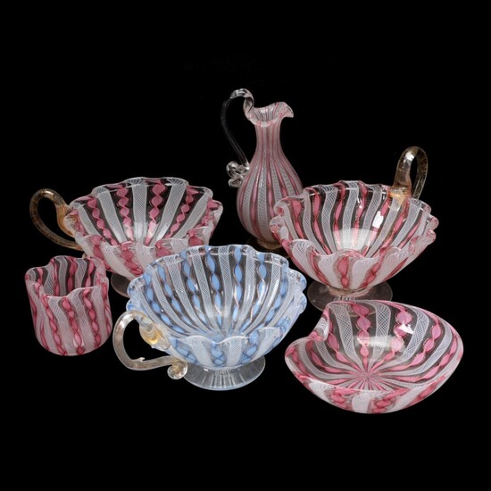Murano Handblown Zanfirico and Latticino Art Glass Footed Nappy Dishes and More