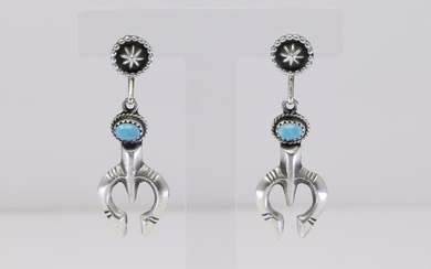 Native America Navajo Handmade Sterling Silver Turquoise Naja Post / Dangling Earring's By Annie