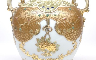 Nippon Moriage Jeweled Gold Footed Vase