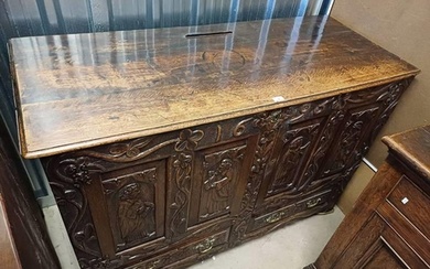 OAK CABINET WITH 2 PANEL DOORS WITH CARVED CLASSICAL SCENE D...