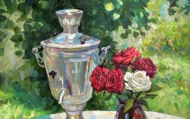Oil painting Still life with a samovar and roses Anatoly Kymnatny