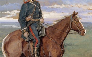 Olga Alexandrovna: A Russian soldier on horseback. Signed Olga. Pencil, watercolour and gouache on cardboard. Visible size 41×30 cm.