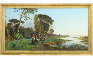 Onleesbaar getekend negentiende eeuws olieverfschilderij op doek met een geanimeerd landschap met personages in lokale klederdracht - 49 x 95 ||19th Cent. illegibly signed oil on canvas