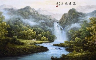 Oriental Asian Watercolour Painting Of The Scenic Waterfalls