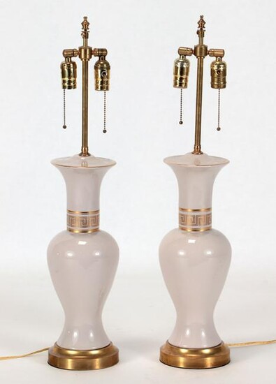 PAIR BRASS GLAZED CERAMIC TABLE LAMPS