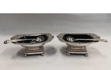 PAIR GEORGE III SILVER OBLONG PEDESTAL SALTS ON 4 BALL SUPPO...
