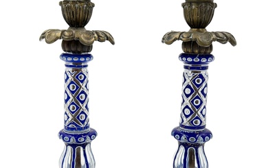 PAIR OF BLUE ELEGANCE – BOHEMIAN GLASS CANDLE HOLDERS...