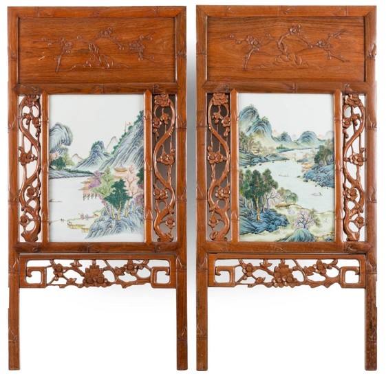 PAIR OF FRAMED CHINESE FAMILLE VERTE PORCELAIN TILES Both with finely enameled mountain river landscapes. 14" x 9". Housed in elmwoo...