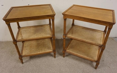 PAIR OF LAMP TABLES W/CANED SHELVES