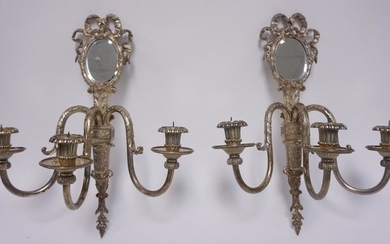 PR OF SILVER PLATED PRICKET SCONCES W/BEVELED MIRRORS