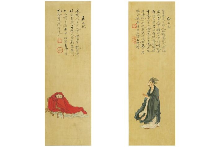 Paar oude Chinese schilderingen telkens met een mythisch personage en scriptuur - telkens : 52...