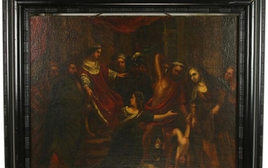 Paintings, engravings, etc. - Dutch School: Solomon's judgement, oil on canvas, signed G. Laraisse much later, 17th/18th century -73 x 94 cm, craquelé, slight loss of paint, retouching